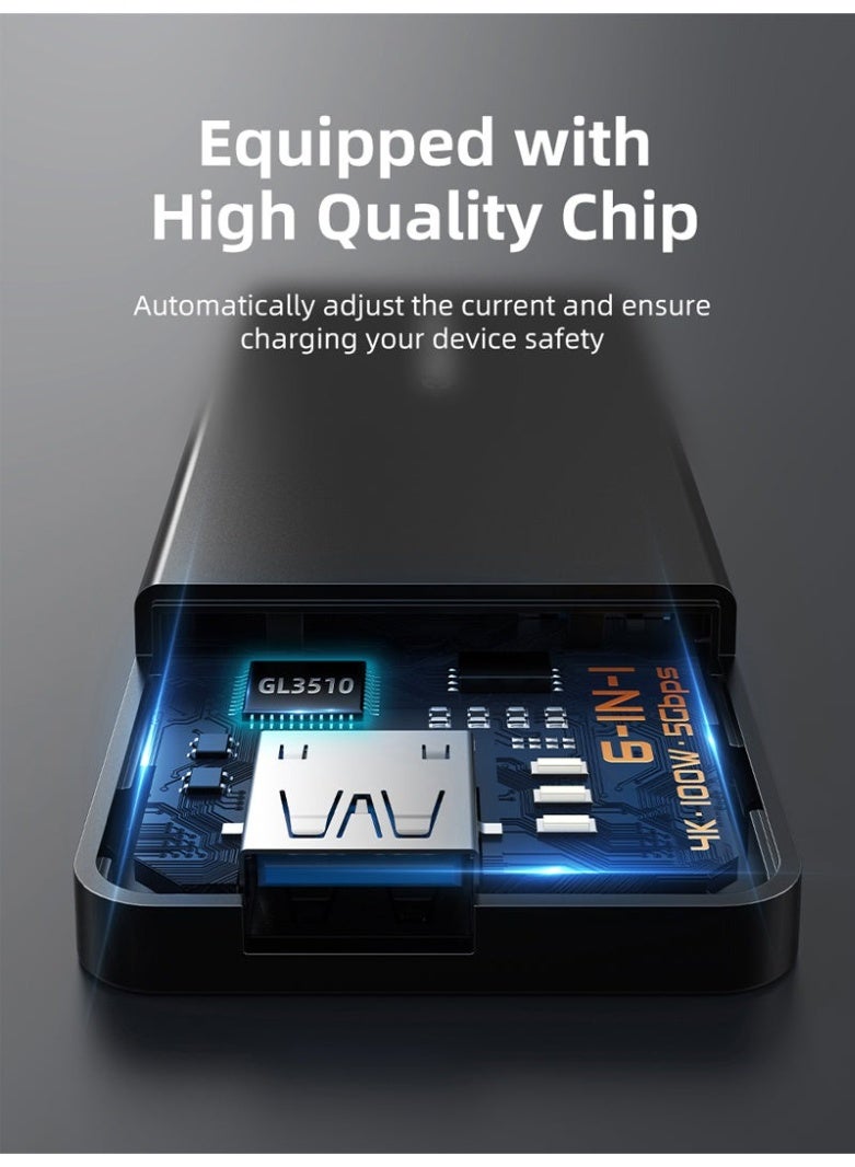 كابل تايم موزع منافذ USB من النوع C متعدد المنافذ 6 في 1 مع منفذ HDMI بدقة 4K وتوصيل طاقة بقدرة 100 واط | 0.2 متر - Image 3